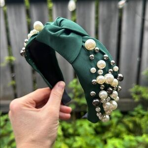Green Headband with Pearl & Silver Bead Embellishments